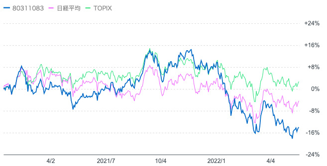 過去1年の厳選投資と日経平均やTOPIXとの比較